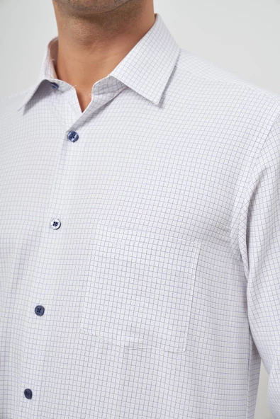 Beyaz Uzun Kol Kareli Desen Bez Ayağı Sert Yaka Cepli Pamuklu Classic Comfort Fit Gömlek 1004245158 - Resim 6