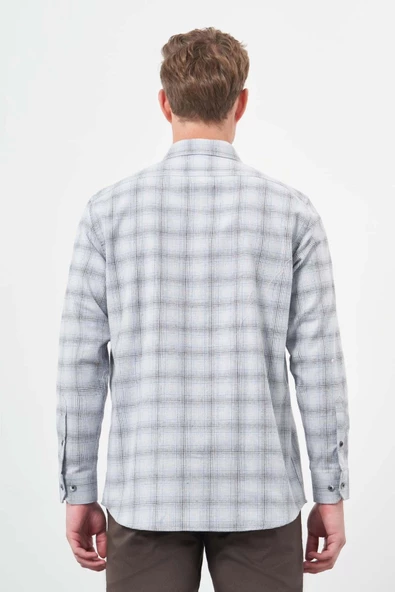 Koyu Mavi Uzun Kol Ekose Desen Gabardin Cepsiz Pamuklu Classic Comfort Fit Gömlek 1004245165 - Resim 5