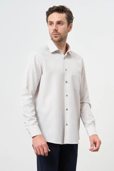 Bej Uzun Kol Kendinden Cepli Pamuklu Classic Comfort Fit Gömlek 1004245213 - Resim 3