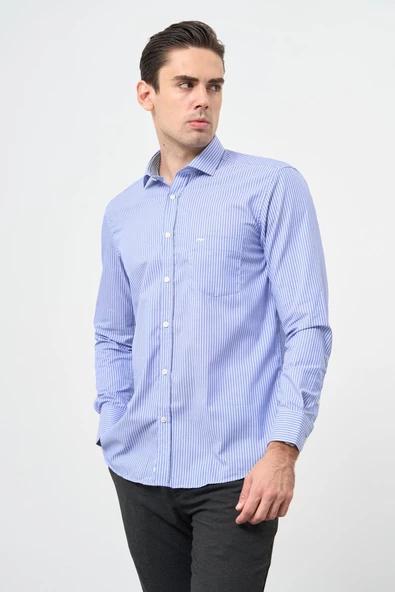 Mavi Uzun Kol Desen Yarım İtalyan Yaka Cepli Pamuklu Classic Comfort Fit Gömlek 1004245195 ürün görseli