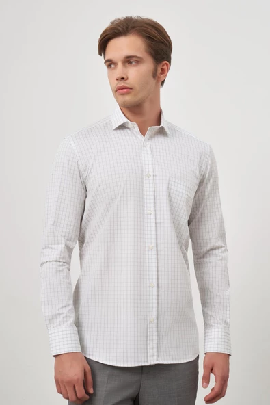 Beyaz Uzun Kol Kareli Desen Gabardin Yarım İtalyan Cepli Classic Comfort Fit Gömlek 1004245193 - Resim 4