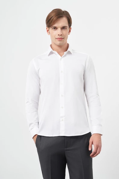 Beyaz Uzun Kol Düz Gabardin Sert Yaka Cepsiz Pamuklu Classic Slim Fit Gömlek 1004245203