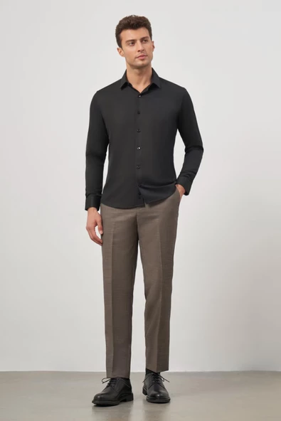 Siyah Uzun Kol Kendinden Desenli Armürlü 032 Sert Yaka Classic Slim Fit Gömlek 1004245152 - Resim 2