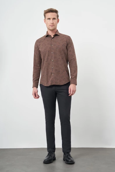 Koyu Kahverengi Uzun Kol Yarım İtalyan Yaka Cepsiz Pamuklu Classic Slim Fit Gömlek 1004245222 - Resim 2