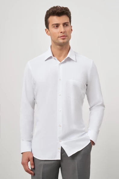 Beyaz Uzun Kol Kendinden Desenli Armürlü 041 Sert Yaka Classic Comfort Fit Gömlek 1004245154 - Resim 4