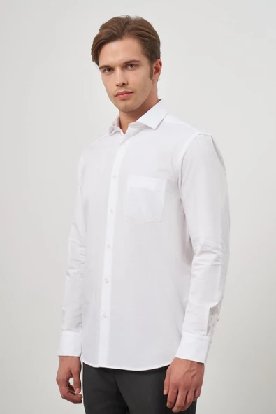 Beyaz Uzun Kol Kareli Desen İtalyan Yaka Cepli Pamuklu Classic Comfort Fit Gömlek 1004245173 - Resim 5