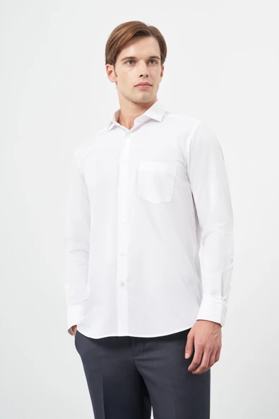 Beyaz Uzun Kol İtalyan Yaka Cepli Pamuklu Classic Comfort Fit Gömlek 1004245171