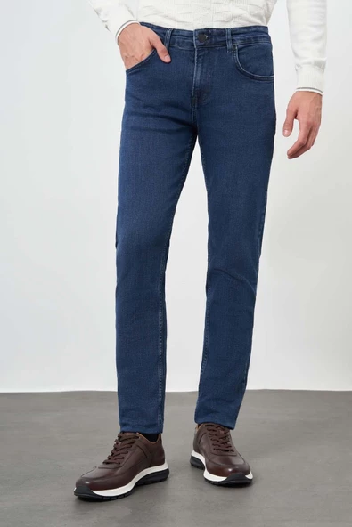 Lacivert Düz Gabardin Pamuklu 5 Cep Slim Fit Casual Denim Pantolon 1023245155 - 4