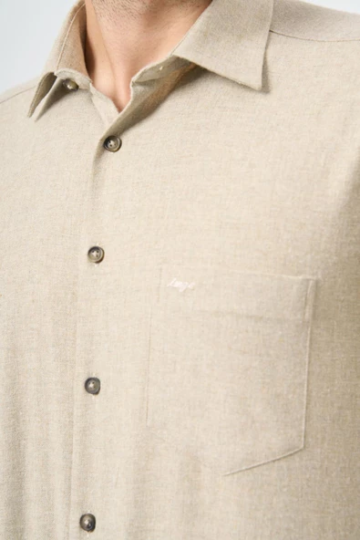 Açık Bej Uzun Kol Düz Gabardin Sert Yaka Cepli Pamuklu Classic Comfort Fit Gömlek 1004245168 - 5