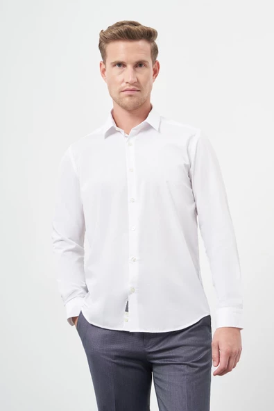 Beyaz Uzun Kol Kendinden Armürlü Cepsiz Pamuklu Classic Slim Fit Gömlek 1004245202