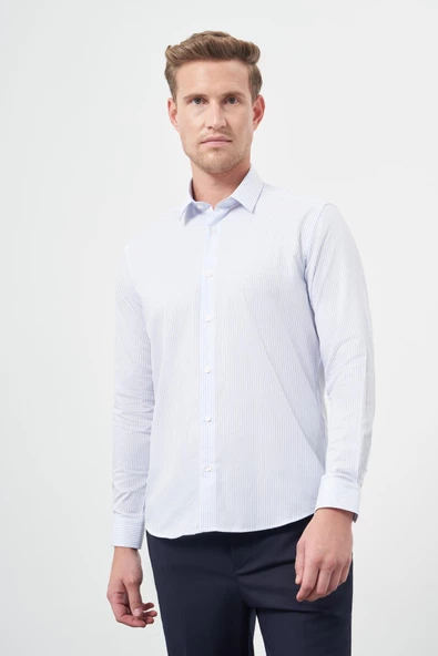 Beyaz Uzun Kol Çizgili Desen Oxford Sert Yaka Cepsiz Pamuklu Classic Slim Fit Gömlek 1004245206