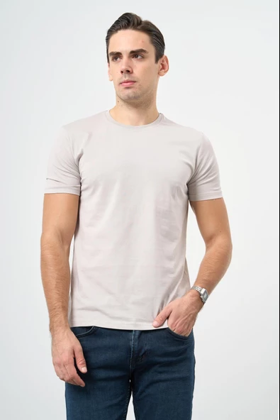 Gri Kısa Kol Düz Bez Ayağı Bisiklet Yaka Casual Slim Fit Tişört 1011245193