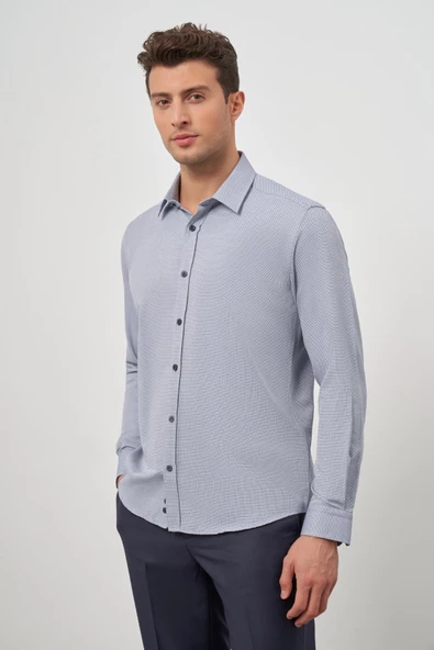 Koyu Lacivert Uzun Kol Kendinden Armürlü Cepsiz Pamuklu Classic Slim Fit Gömlek 1004245161 - 4