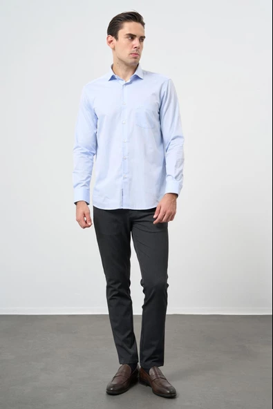 Koyu Mavi Uzun Kol İtalyan Yaka Cepli Pamuklu Classic Comfort Fit Gömlek 1004245171 - Resim 2