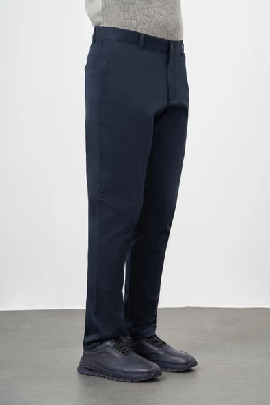 Koyu Lacivert Düz Armürlü Pamuklu Yan Cep Comfort Fit Casual Pantolon 1003245164 - Resim 3