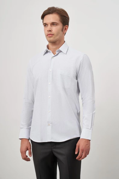 Beyaz Uzun Kol Kareli Desen Bez Ayağı Sert Yaka Cepli Pamuklu Classic Comfort Fit Gömlek 1004245159 - Resim 3