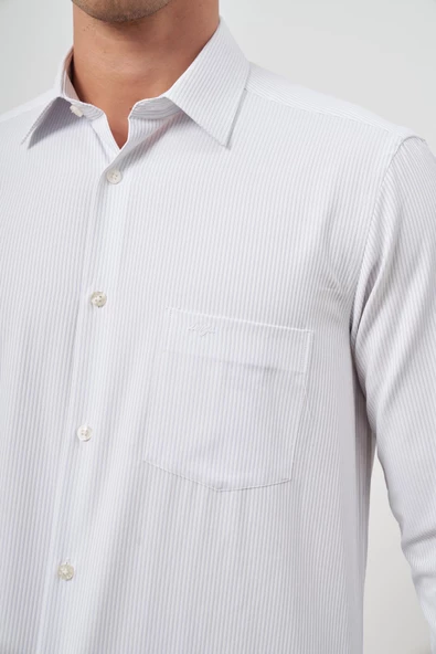 Beyaz Uzun Kol Kendinden Armürlü Cepli Pamuklu Classic Comfort Fit Gömlek 1004245155 - Resim 6