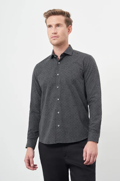 Siyah Uzun Kol Yarım İtalyan Yaka Cepsiz Pamuklu Classic Slim Fit Gömlek 1004245222 - Resim 3