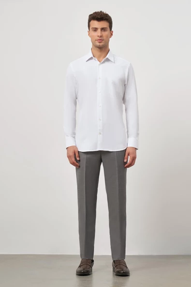 Beyaz Uzun Kol Kendinden Desenli Armürlü 041 Sert Yaka Classic Comfort Fit Gömlek 1004245154 - Resim 2