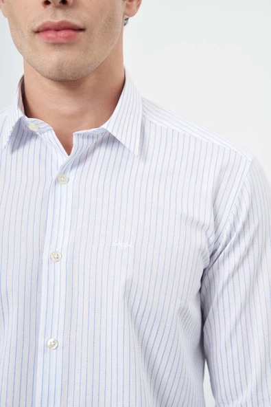 Beyaz Uzun Kol Çizgili Desen Cepsiz Classic Slim Fit Gömlek 1004245209 - Resim 5