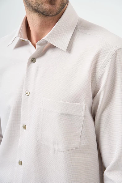 Bej Uzun Kol Kendinden Cepli Pamuklu Classic Comfort Fit Gömlek 1004245213 - Resim 4