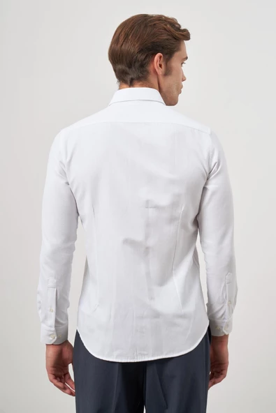 Beyaz Uzun Kol Kendinden Desenli Armürlü 032 Sert Yaka Classic Slim Fit Gömlek 1004245151 - 7