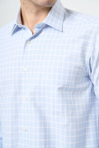 Koyu Mavi Uzun Kol Kareli Desen Cepli Pamuklu Classic Comfort Fit Gömlek 1004245162 - Resim 4