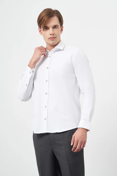 Beyaz Uzun Kol Düz Bez Ayağı Yarım İtalyan Yaka Cepsiz Pamuklu Classic Slim Fit Gömlek 1004245211 - Resim 3
