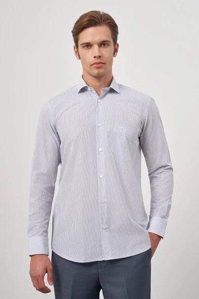 Beyaz Uzun Kol Desen Yarım İtalyan Yaka Cepli Pamuklu Classic Comfort Fit Gömlek 1004245175 ürün görseli