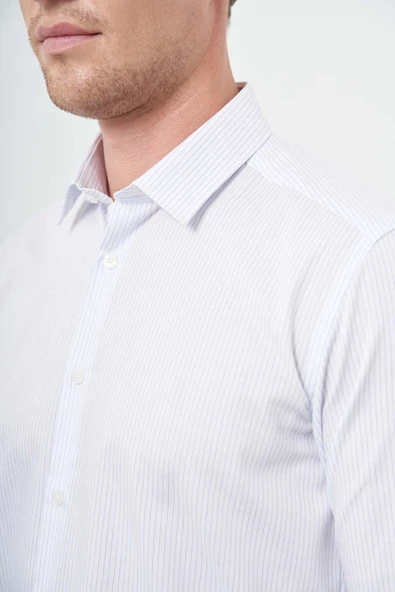Beyaz Uzun Kol Çizgili Desen Gabardin Sert Yaka Cepsiz Pamuklu Classic Slim Fit Gömlek 1004245205 - Resim 4