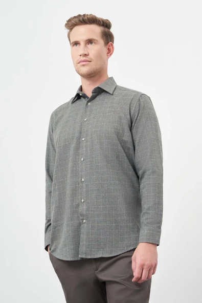 Koyu Haki Uzun Kol Kareli Desen Gabardin Cepsiz Pamuklu Classic Comfort Fit Gömlek 1004245166 - Resim 3
