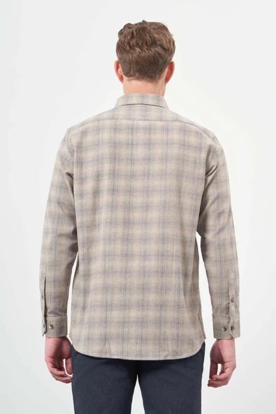 Camel Uzun Kol Ekose Desen Gabardin Sert Yaka Cepsiz Pamuklu Classic Comfort Fit Gömlek 1004245165 - Resim 5
