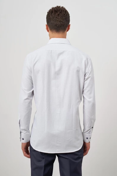 Beyaz Uzun Kol Kareli Desen Bez Ayağı Sert Yaka Cepli Pamuklu Classic Comfort Fit Gömlek 1004245158 - Resim 7