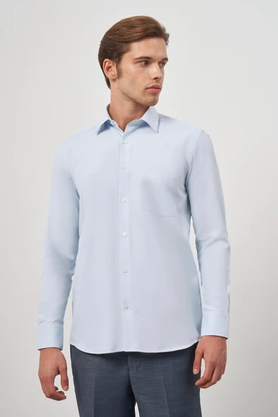 Koyu Mavi Uzun Kol Kendinden Desenli Armürlü 041 Sert Yaka Classic Comfort Fit Gömlek 1004245154 - Resim 4