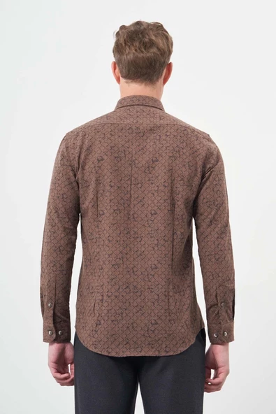 Koyu Kahverengi Uzun Kol Yarım İtalyan Yaka Cepsiz Pamuklu Classic Slim Fit Gömlek 1004245222 - Resim 5