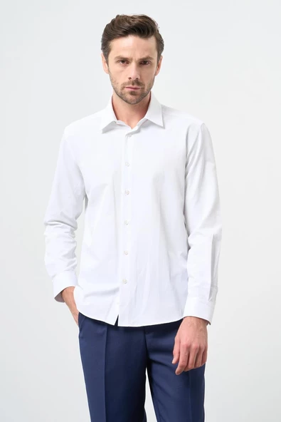 Beyaz Uzun Kol Düz Bez Ayağı Sert Yaka Cepsiz Pamuklu Classic Slim Fit Gömlek 1004245267