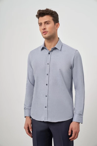 Koyu Lacivert Uzun Kol Kendinden Armürlü Cepsiz Pamuklu Classic Slim Fit Gömlek 1004245161
