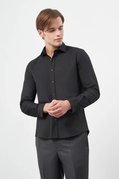 Siyah Uzun Kol Düz Bez Ayağı Yarım İtalyan Yaka Cepsiz Pamuklu Classic Slim Fit Gömlek 1004245211 - Resim 3