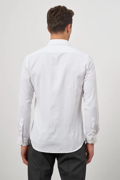 Beyaz Uzun Kol Kendinden Desenli Armürlü 032 Sert Yaka Classic Slim Fit Gömlek 1004245152 - Resim 7