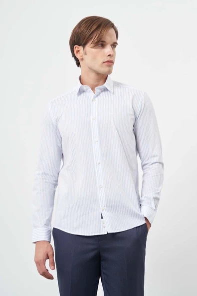 Beyaz Uzun Kol Çizgili Desen Cepsiz Classic Slim Fit Gömlek 1004245209