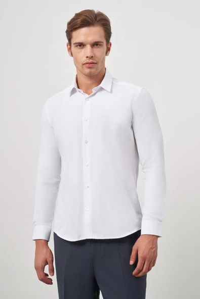 Beyaz Uzun Kol Kendinden Desenli Armürlü 032 Sert Yaka Classic Slim Fit Gömlek 1004245151 - 5