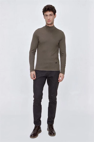 Koyu Kahverengi Suprem Yarım Balıkçı Yaka  Casual Comfort Fit Rahat Kesim Likralı Sweatshirt 1013225103 - Resim 2