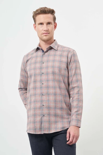 Füme Uzun Kol Ekose Desen Gabardin Sert Yaka Cepsiz Pamuklu Classic Comfort Fit Gömlek 1004245165 - Resim 3