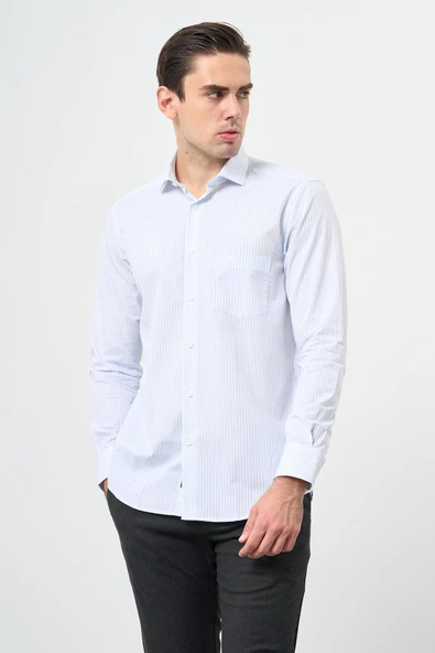 Beyaz Uzun Kol Desen Yarım İtalyan Yaka Cepli Pamuklu Classic Comfort Fit Gömlek 1004245183