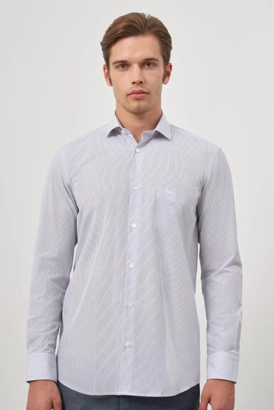 Beyaz Uzun Kol Desen Yarım İtalyan Yaka Cepli Pamuklu Classic Comfort Fit Gömlek 1004245175 - Resim 5