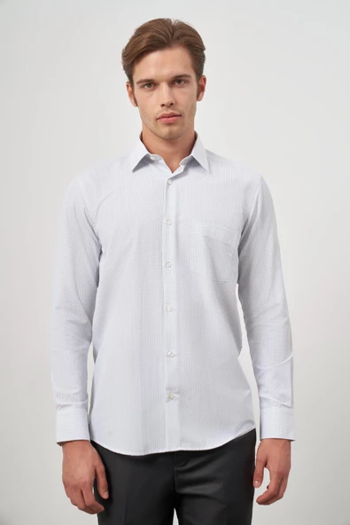 Beyaz Uzun Kol Kareli Desen Bez Ayağı Sert Yaka Cepli Pamuklu Classic Comfort Fit Gömlek 1004245159