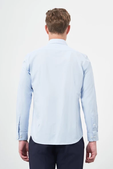 Koyu Mavi Uzun Kol Düz Bez Ayağı Sert Yaka Cepsiz Pamuklu Classic Slim Fit Gömlek 1004245267 - Resim 5
