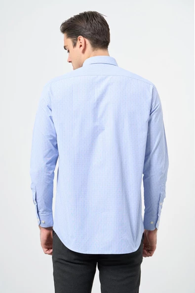 Mavi Uzun Kol Kendinden Armürlü Yarım İtalyan Cepli Pamuklu Classic Comfort Fit Gömlek 1004245210 - Resim 5