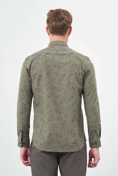 Koyu Haki Uzun Kol Yarım İtalyan Yaka Cepsiz Pamuklu Classic Slim Fit Gömlek 1004245222 - Resim 5