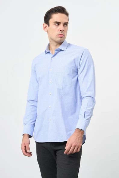 Mavi Uzun Kol Kendinden Armürlü Yarım İtalyan Cepli Pamuklu Classic Comfort Fit Gömlek 1004245210 - Resim 3